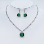 Wholesale cushion-cut halo necklace and earring set with platinum plating from JuneJewelry.com – luxurious copper fashion jewelry for bulk orders.