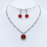 Wholesale cushion-cut halo necklace and earring set with platinum plating from JuneJewelry.com – luxurious copper fashion jewelry for bulk orders.