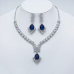 Wholesale bridal zircon jewelry set with pear-shaped stones. Platinum-plated brass necklace and earrings for special occasions from JuneJewelry.com.