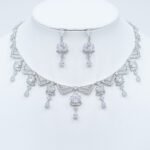 Wholesale statement zircon necklace and earring set, platinum plated on brass, featuring large oval and geometric design from JuneJewelry.com – premium fashion jewelry for bulk orders.