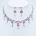 Wholesale statement zircon necklace and earring set, platinum plated on brass, featuring large oval and geometric design from JuneJewelry.com – premium fashion jewelry for bulk orders.