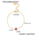 Wholesale kids apple jewelry set – 18K gold plated stainless steel necklace, bracelet, earrings, and ring with cartoon red apple design.