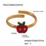 Wholesale kids apple jewelry set – 18K gold plated stainless steel necklace, bracelet, earrings, and ring with cartoon red apple design.