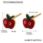Wholesale kids apple jewelry set – 18K gold plated stainless steel necklace, bracelet, earrings, and ring with cartoon red apple design.