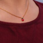 Wholesale kids apple jewelry set – 18K gold plated stainless steel necklace, bracelet, earrings, and ring with cartoon red apple design.