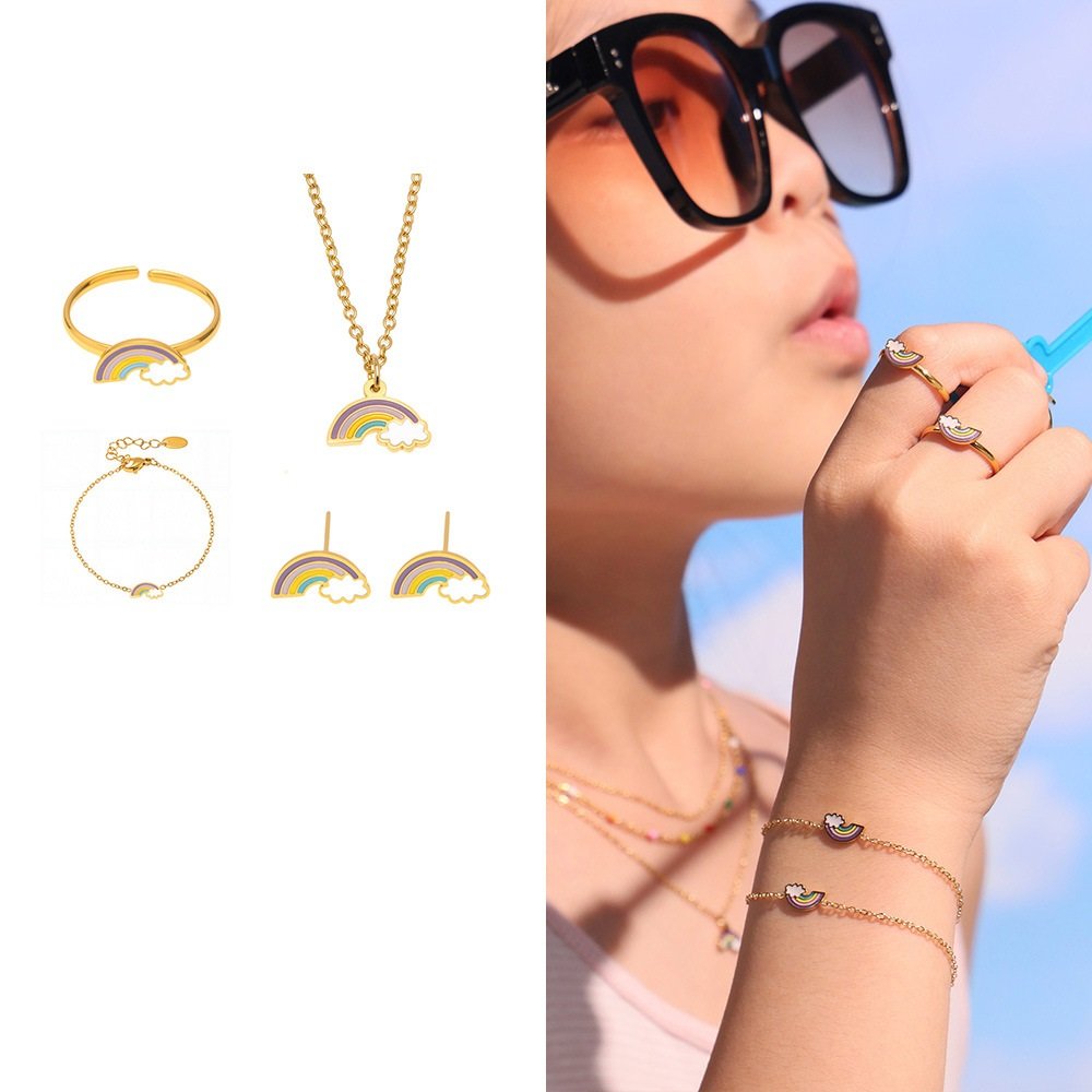 TXP254-TXE254-TXA254-TXF254 (1) Wholesale kids rainbow jewelry set – stainless steel 18K gold plated necklace, bracelet, earrings, and ring with colorful enamel.