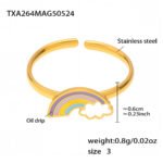 Wholesale kids rainbow jewelry set – stainless steel 18K gold plated necklace, bracelet, earrings, and ring with colorful enamel.