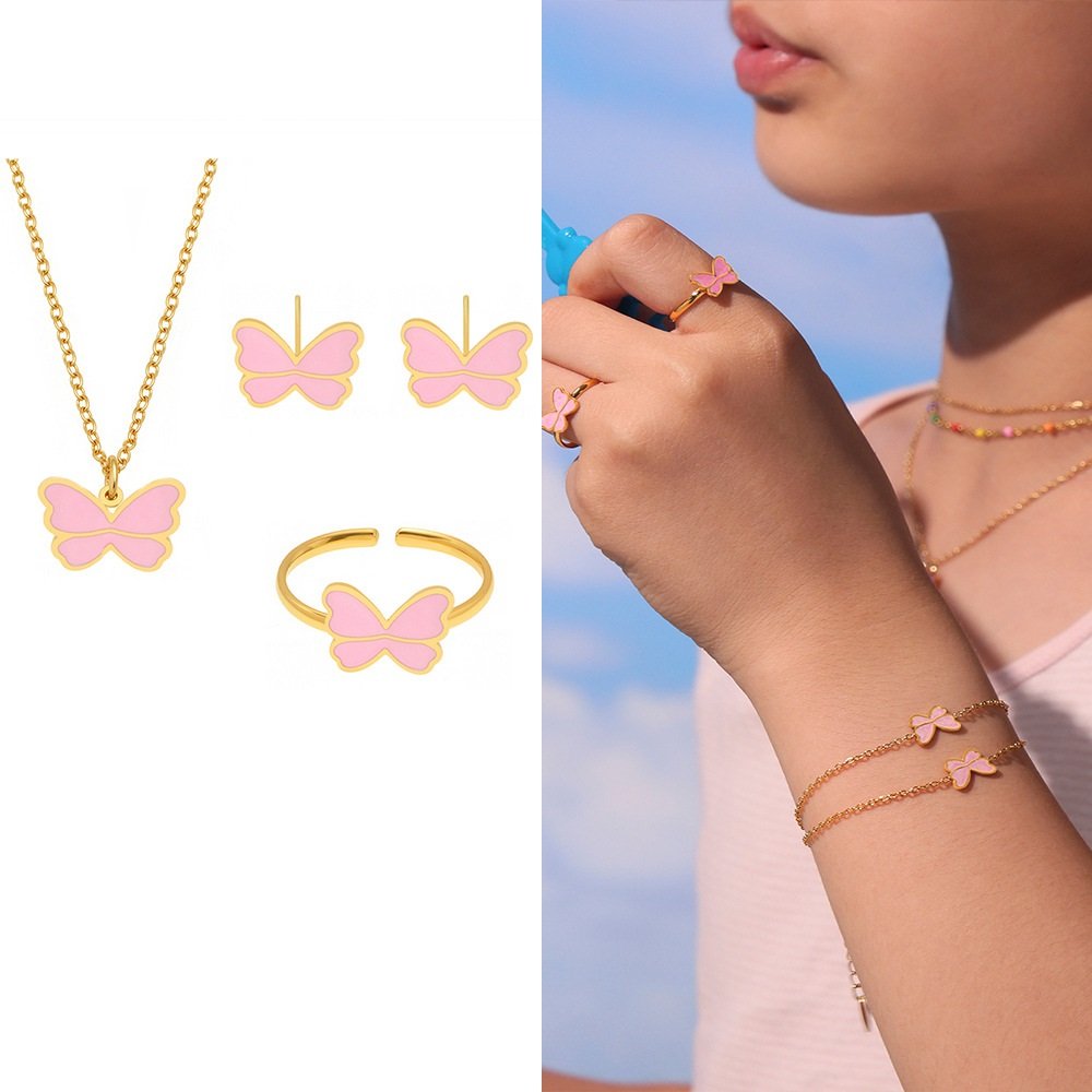 TXP261-TXA261-TXE261-TXF261 (1) Wholesale butterfly jewelry set – pink enamel kids necklace, bracelet, earrings, and ring in 18K gold plated stainless steel from JuneJewelry.com.