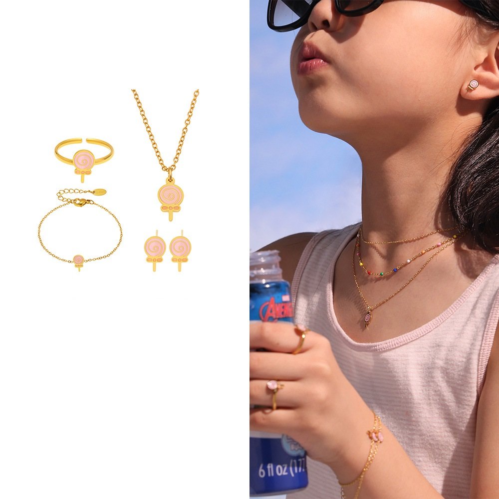 TXP262-TXA262-TXE262-TXF262 (1) Wholesale kids lollipop jewelry set – glitter enamel necklace, bracelet, ring, and earrings in 18K gold plated stainless steel.