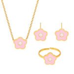 Wholesale kids flower jewelry set – stainless steel with cubic zirconia, 18K gold plated, necklace, bracelet, earrings, and ring.