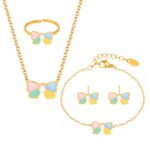 Wholesale kids bow jewelry set – 18K gold plated stainless steel necklace, bracelet, earrings, and ring with colorful drip oil enamel.
