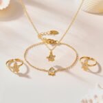 Wholesale kids unicorn jewelry set – colorful enamel kids necklace, bracelet, anklet, and ring in 18K gold plated stainless steel from JuneJewelry.com.