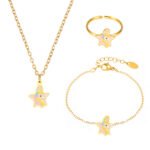Wholesale kids unicorn jewelry set – colorful enamel kids necklace, bracelet, anklet, and ring in 18K gold plated stainless steel from JuneJewelry.com.