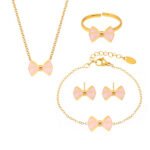 Wholesale pink enamel kids bow jewelry set – necklace, bracelet, anklet, ring, earrings in 18K gold plated stainless steel from JuneJewelry.com.