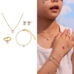 Wholesale kids pearl jewelry set – princess bow knot necklace, bracelet, earrings, and ring in 18K gold plated stainless steel.