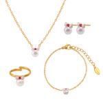Wholesale kids pearl jewelry set – princess bow knot necklace, bracelet, earrings, and ring in 18K gold plated stainless steel.