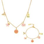 Wholesale kids charm jewelry set with sun, star, and cloud enamel in 18K gold plated stainless steel – necklace, bracelet, and anklet.