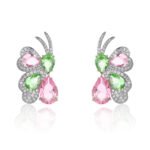 Wholesale butterfly stud earrings with pink and green multi-color zirconia and 925 silver needles from JuneJewelry.com.