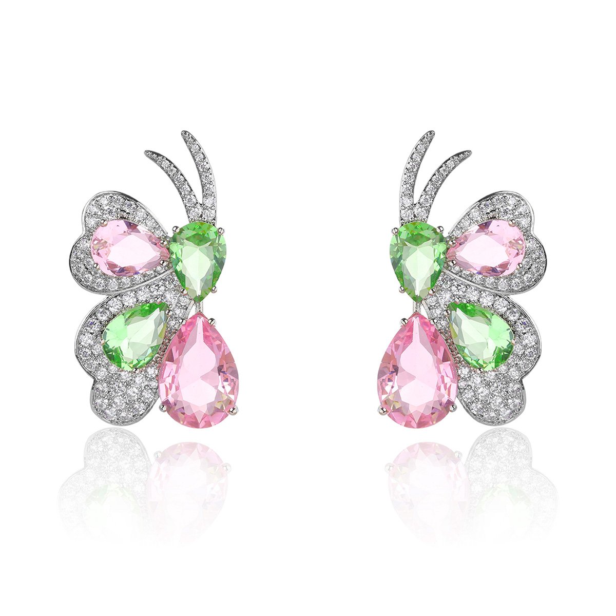 CE11897.191.A Wholesale butterfly stud earrings with pink and green multi-color zirconia and 925 silver needles from JuneJewelry.com.