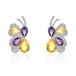 Wholesale butterfly stud earrings with pink and green multi-color zirconia and 925 silver needles from JuneJewelry.com.