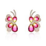 Wholesale butterfly stud earrings with pink and green multi-color zirconia and 925 silver needles from JuneJewelry.com.