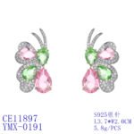 Wholesale butterfly stud earrings with pink and green multi-color zirconia and 925 silver needles from JuneJewelry.com.