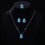 Wholesale Blue Zircon Gourd Set (Hulu shape), featuring copper plated with white gold, micro-pave vibrant blue zircon stones, gourd stud earrings, and a simple versatile neck chainand ring, a light luxury colorful set from junejewelry.com