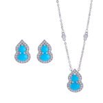 Wholesale Blue Zircon Gourd Set (Hulu shape), featuring copper plated with white gold, micro-pave vibrant blue zircon stones, gourd stud earrings, and a simple versatile neck chainand ring, a light luxury colorful set from junejewelry.com