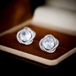 Vintage green jewelry set wholesale – olive zircon pendant necklace and earrings in 18K & white gold plated copper, French luxury jewelry.