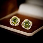 Vintage green jewelry set wholesale – olive zircon pendant necklace and earrings in 18K & white gold plated copper, French luxury jewelry.