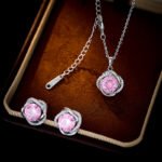 Vintage green jewelry set wholesale – olive zircon pendant necklace and earrings in 18K & white gold plated copper, French luxury jewelry.