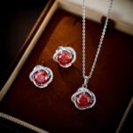 Vintage green jewelry set wholesale – olive zircon pendant necklace and earrings in 18K & white gold plated copper, French luxury jewelry.