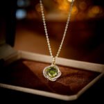 Vintage green jewelry set wholesale – olive zircon pendant necklace and earrings in 18K & white gold plated copper, French luxury jewelry.