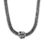 Wholesale Black Camellia Zircon Jewelry Set for women, featuring a black zircon flower choker and a vintage black camellia necklace and bracelet, made from white gold plated copper, emphasizing a high-end, light luxury aesthetic from junejewelry.com.