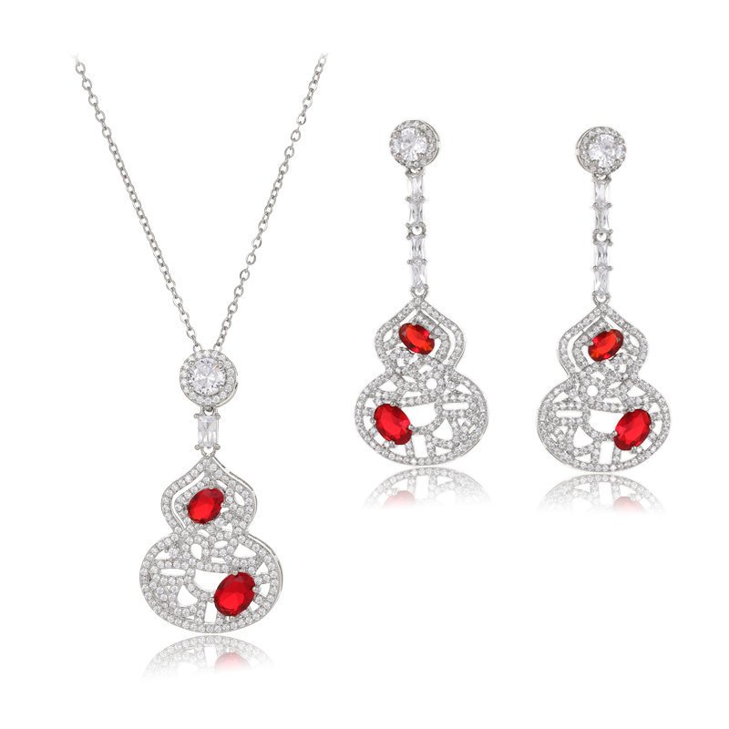 D-127-D-128 (9) Wholesale hollow gourd zircon jewelry set with necklace and earrings in white gold plating – elegant floral hollow design from JuneJewelry.com.