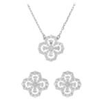 Zircon flower jewelry set wholesale – clover design necklace and earrings with shining cubic zirconia stones, gold or platinum plated.