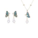 Abalone Shell Butterfly Pearl Jewelry Set in gold plating. The necklace and drop earrings feature a butterfly pendant with rainbow abalone shell wings and a dangling baroque freshwater pearl.