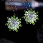 Wholesale Green Gradient Crystal Flower Ring and Stud Earrings Set. Features light green and peridot-colored marquise-cut zircons/crystals set in 18K white gold plated copper.
