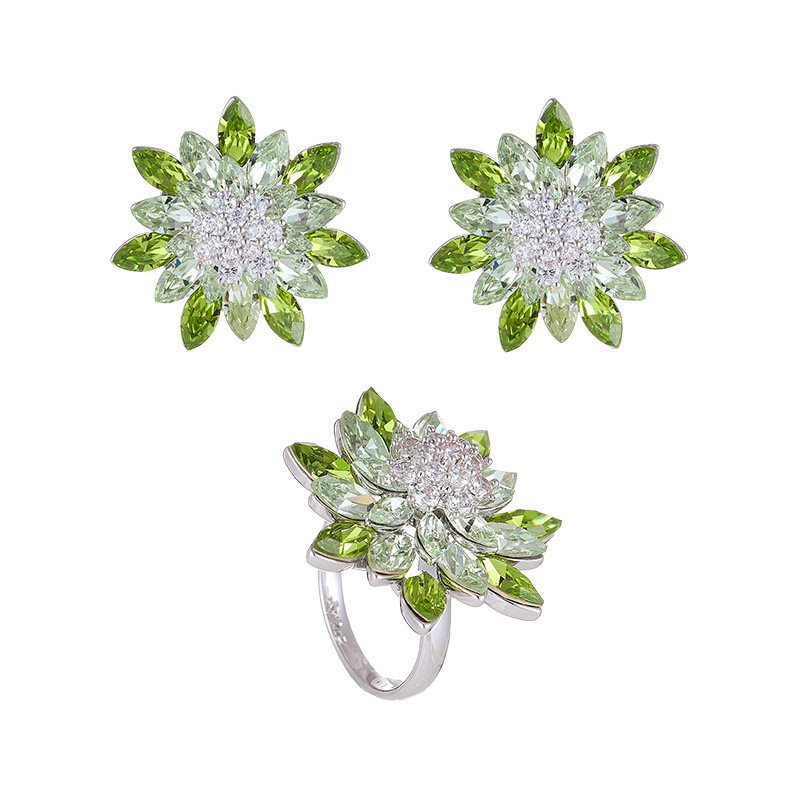 Wholesale Green Gradient Crystal Flower Ring and Stud Earrings Set. Features light green and peridot-colored marquise-cut zircons/crystals set in 18K white gold plated copper.