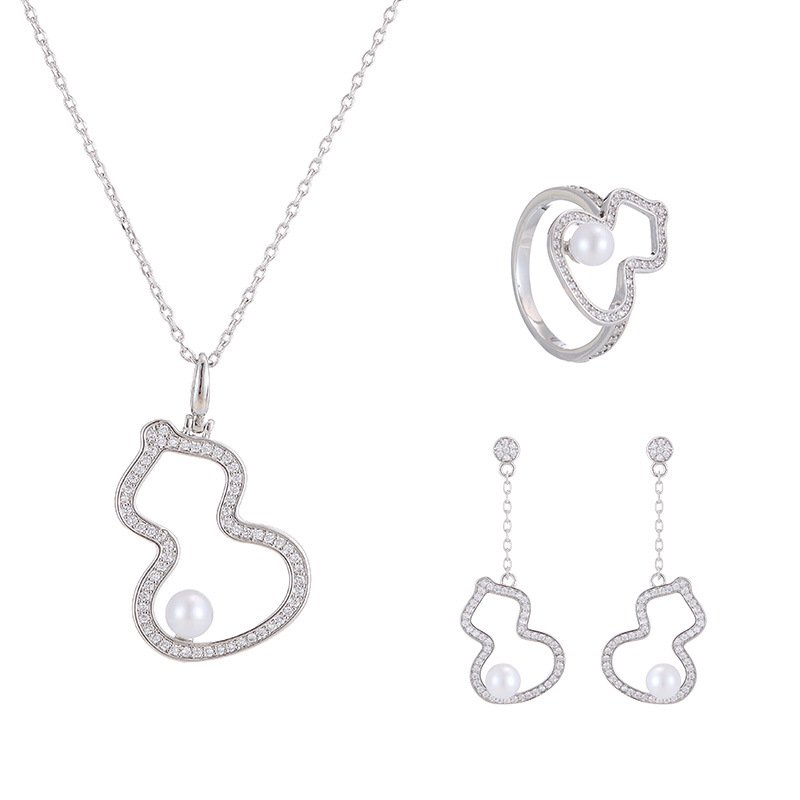 K-026-K-027-K-028 (16) Wholesale Neo-Chinese Gourd Pearl Jewelry Set (Hulu shape), featuring hollowed-out metalwork, elegant pearls, includes matching stud earrings, necklace, and ring, a light luxury advanced sense accessory set from junejewelry.com.