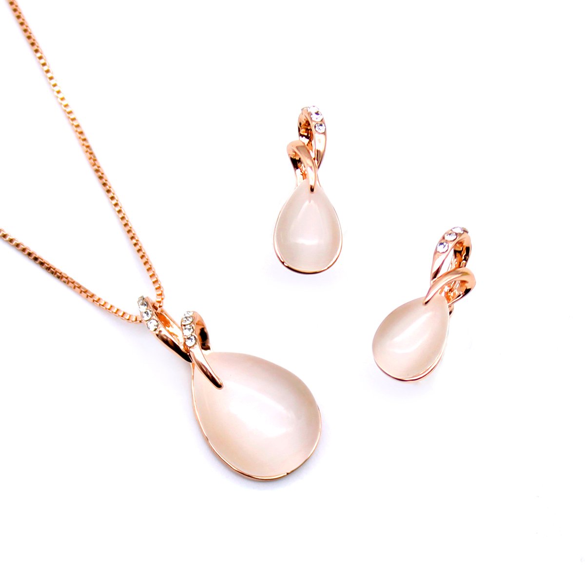 K000230A-001.70.A Wholesale rose gold cat eye set with teardrop pendant necklace and matching earrings, true gold plated, from JuneJewelry.com.