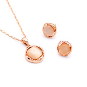 Wholesale rose gold cat eye set with square pendant necklace and stud earrings, true gold plated, from JuneJewelry.com.