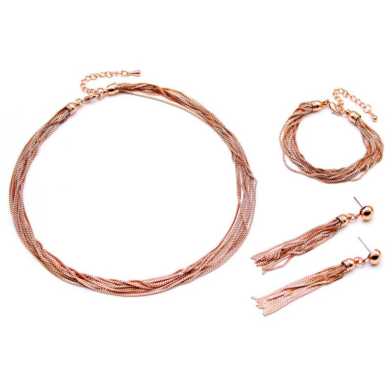 Wholesale Chain Tassel Set with multi-strand box chains and tassel earrings in rose gold plating from JuneJewelry.com – trendy fashion jewelry for bulk purchase.