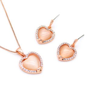 Wholesale rose gold heart set with cat eye stone and clear zirconia halo, pendant necklace and stud earrings, from JuneJewelry.com.