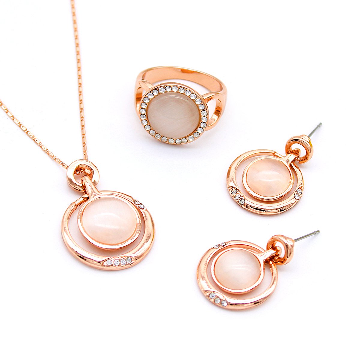 K128515A-001.118.A Wholesale 3-Piece Cat Eye Set with ring, necklace, and earrings, featuring milky stones and cubic zirconia halo in rose gold plating from JuneJewelry.com – bulk fashion jewelry.