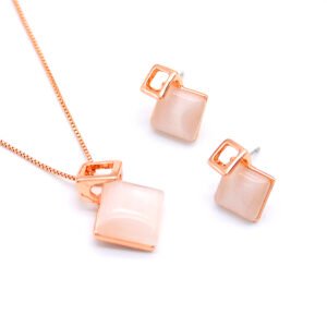 Wholesale rose gold cat eye set with a square pendant necklace and square stud earrings, true gold plated, from JuneJewelry.com.