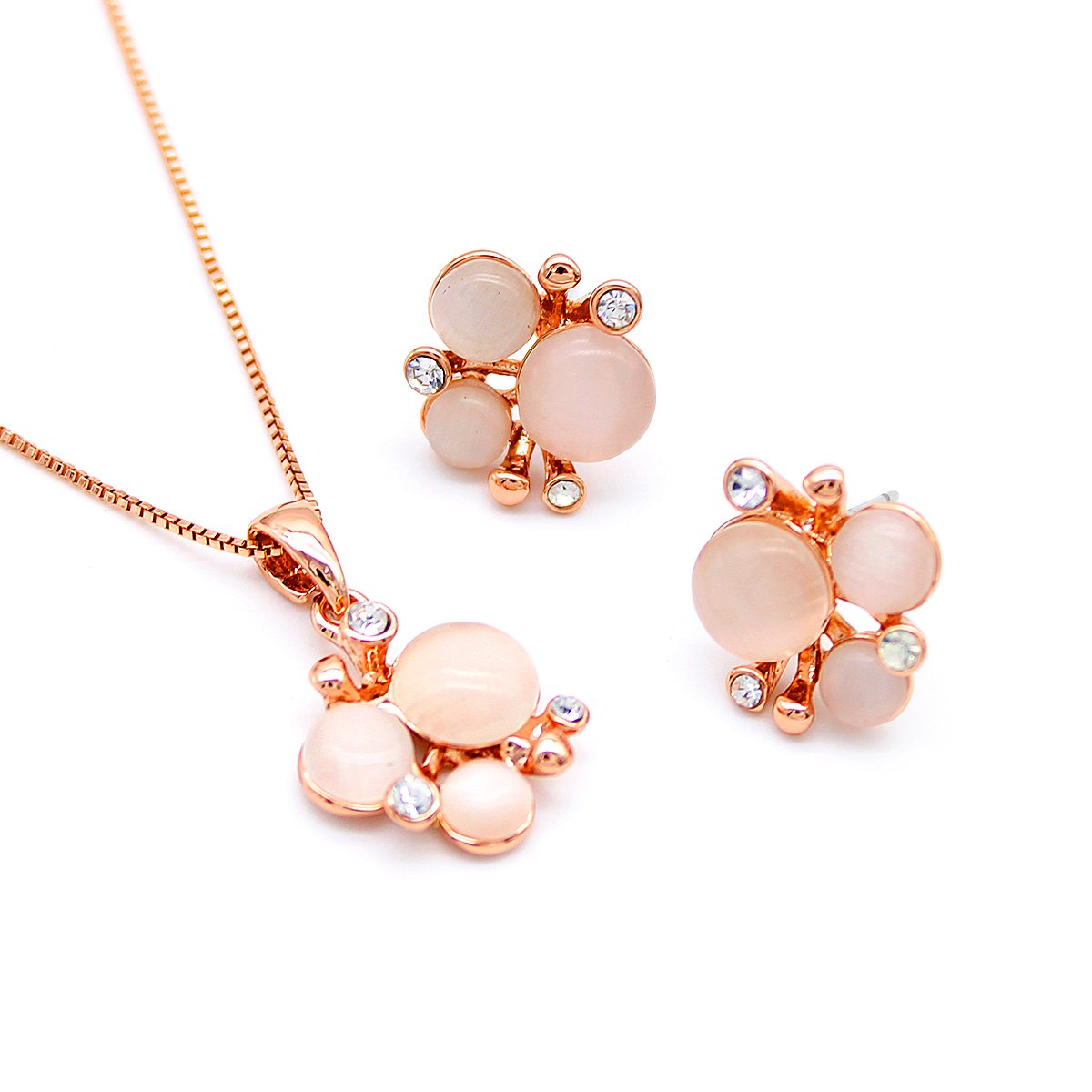 K300563A-001.72.A Wholesale Flower Cat Eye Set with milky flower cluster design and cubic zirconia accents in rose gold plating from JuneJewelry.com – unique fashion jewelry for bulk orders.