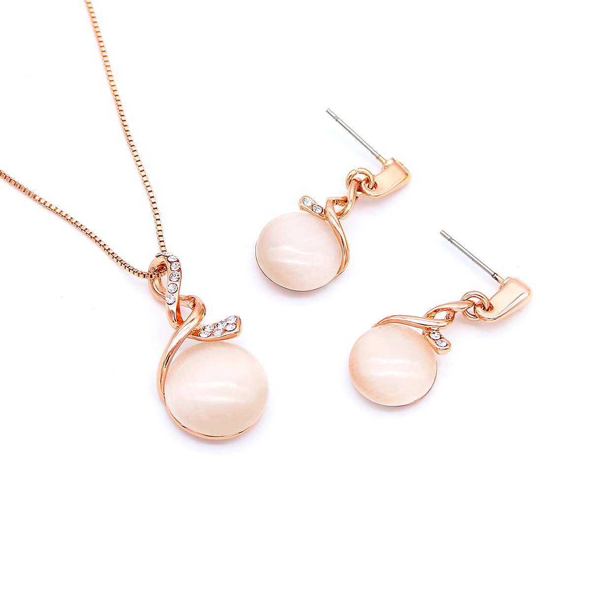 K300641A-001.76.A Wholesale Swirl Cat Eye Set with milky stone and sparkling cubic zirconia swirl design in rose gold plating from JuneJewelry.com – unique fashion jewelry for bulk orders.