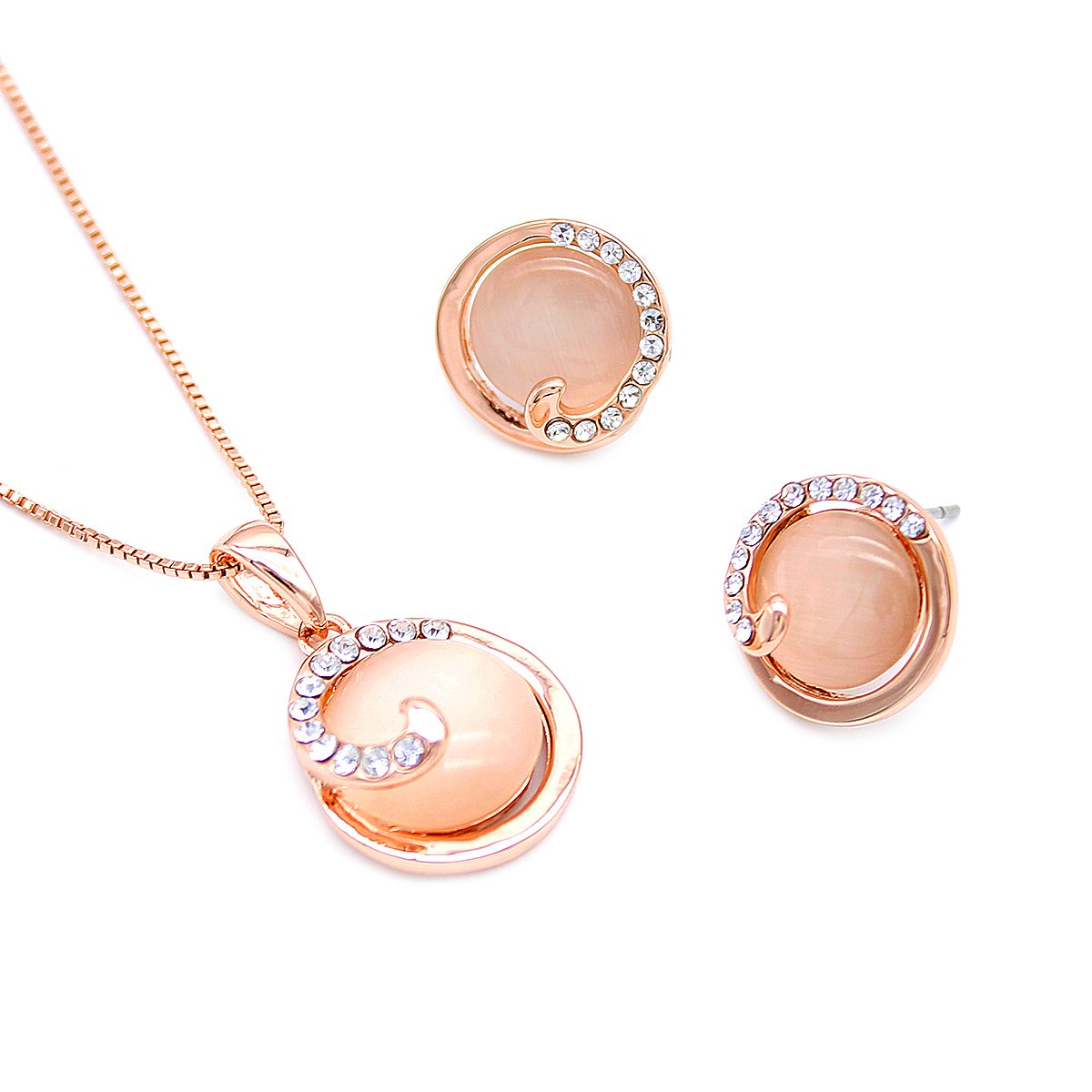 K300830A-001.74.A Wholesale Round Cat Eye Set with milky stone and sparkling cubic zirconia crescent in rose gold plating from JuneJewelry.com – unique fashion jewelry for bulk orders.