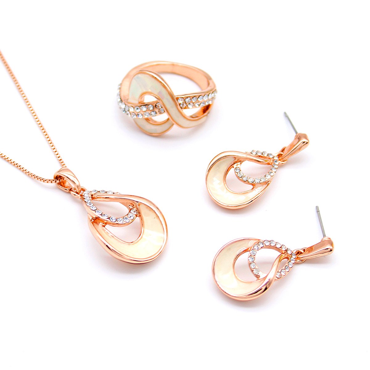 K300843A-001.94.A Wholesale Shell Infinity Set with mother-of-pearl inlay and sparkling cubic zirconia accents in rose gold plating from JuneJewelry.com – unique 3-piece fashion jewelry set for bulk orders.